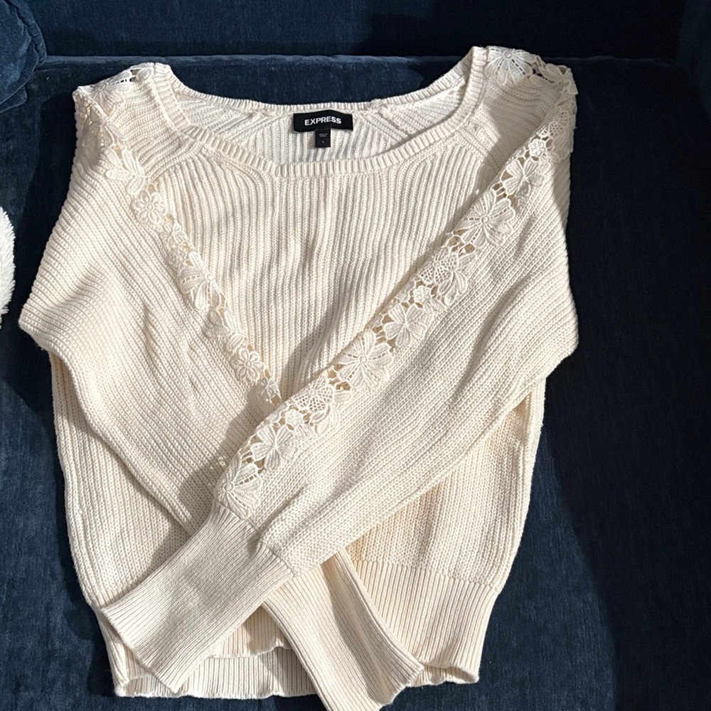 Express Ivory Knit Sweater with Floral Lace